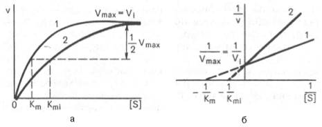 Графики зависимости скорости ферментативной реакции от концентрации субстрата в присутствии конкурентного ингибитора